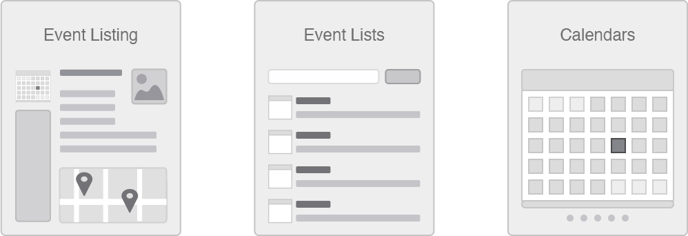 Example image illustrating an event, an event listing, and a full calendar.