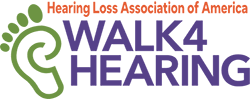 Walk 4 Hearing logo with green foot imprint to the left of "Walk 4 Hearing". Hearing Loss Association of America in red print above "Walk 4 Hearing".  