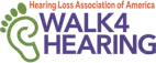 Walk 4 Hearing logo with green foot imprint to the left of "Walk 4 Hearing". Hearing Loss Association of America in red print above "Walk 4 Hearing".  