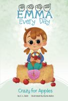 Crazy for Apples Emma, fingerspelled, Every Day Series. Picture of a young child with a cochlear implant. She has brown hair and is sitting on a bale of hay with apples on the ground and in her hand