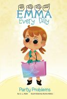 Party Problems Emma, fingerspelled, Every Day Series. Picture of a young child with a cochlear implant. She has brown hair and is carrying a large shopping bag