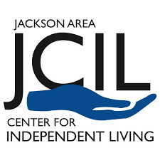 Logo for Jackson Area Center for Independent Living bold black letters "JCIL" with a royal blue hand underneath