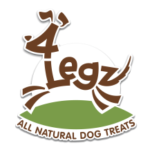"4Legz" arranged in the shape of a dog, with legs added sitting on top of grass. "All Natural Dog Treats" written below the grass