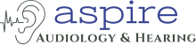 Drawing of an ear with sound waves going into it; next to Aspire Audiology and Hearing