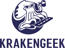 The graphic features a Kraken with tentacles placed on a keyboard, one tentacle holding a cup of coffee. The Kraken is wearing glasses, and the dark blue text 'KrakenGeek' is positioned at the bottom. The entire design is enclosed within a dark blue circle background.