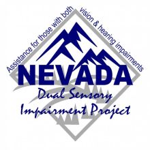 Nevada Dual Sensory Impairment Project in dark blue letters with dark blue mountains in the background.