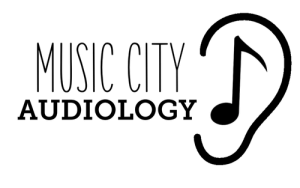 Picture of an ear with a music note inside next to "Music City Audiology"
