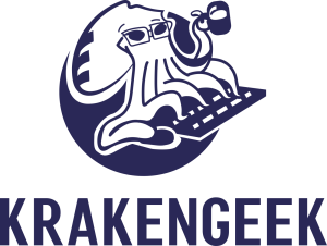 The graphic features a Kraken with tentacles placed on a keyboard, one tentacle holding a cup of coffee. The Kraken is wearing glasses, and the dark blue text 'KrakenGeek' is positioned at the bottom. The entire design is enclosed within a dark blue circle background.