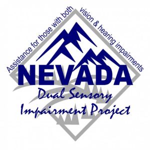 Nevada Dual Sensory Impairment Project in dark blue letters with dark blue mountains in the background.