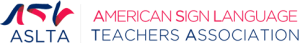 Red and blue American Sign Language Teachers Association Logo
